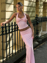 BXOXO Sexy Women 2 Piece Set Halter Solid Pleated Knot Backless Y2K Tank Tops+Skirts Vacation Party Elegant Matching Suits